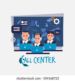 Call Center In Operation Room. Call Center Service - Vector Illustration