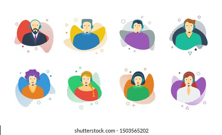 Call center operator assistance avatar set on fluid liquid shape set. Male and female customer support service with headphone communication  
