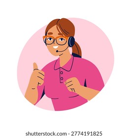 Call center operator, avatar. Customer service assistant, callcenter support, portrait. Smiling woman, helpline and hotline agent with thumb up. Flat vector illustration isolated on white background