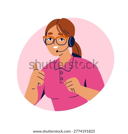Call center operator, avatar. Customer service assistant, callcenter support, portrait. Smiling woman, helpline and hotline agent with thumb up. Flat vector illustration isolated on white background