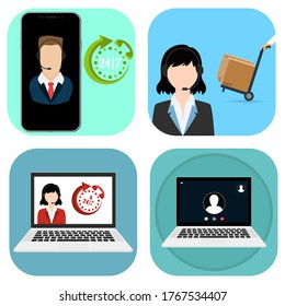 Icono plano de avatar del operador del centro de llamadas. Servicio al cliente y comunicaciones, atención al cliente, asistencia telefónica, información, soluciones. Vector
