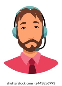 Call center operator avatar with headphone. Online support service assistant. Male customer help manager. Vector illustration of character
