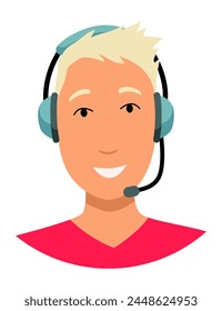 Call center operator avatar with headphone. Online support service assistant. Male customer help manager. Vector illustration of character