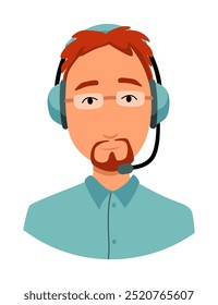 Avatar del operador del centro de llamadas con auriculares. Asistente de servicio de Asistencia en línea. Gerente de ayuda de Cliente masculino. Ilustración vectorial de carácter