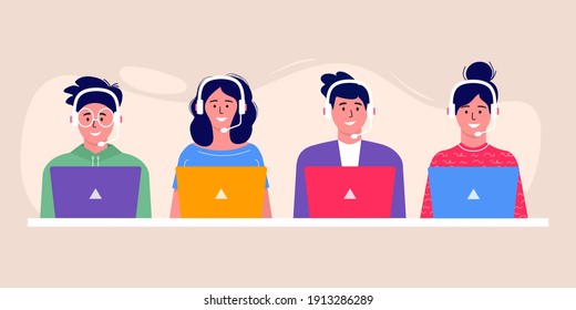 Call center operator avatar icon. Smiling office workers with headsets cartoon characters. Clients assistance, hotline operator, consultant manager, customer support, telephone assistance, solution