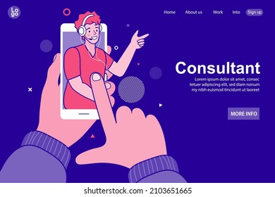 Call center operator avatar. man with headphones and microphone with laptop. Customer service landing page. Online user or client support centre. Work, job, hotline Vector illustration in flat design