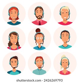Call center operator avatars with headphones. Online support service assistant. Male and female customer help managers. Vector illustration of characters
