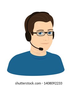 call center operator boy man with glasses and headphones with microphone - realistic face, portrait.