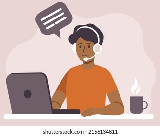 Call Center Operator Boy Is Working In Headphones With Microphone Vector Illustration In Flat Style