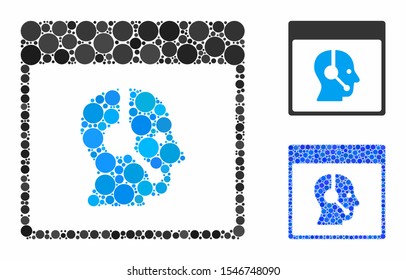 Call center operator calendar page composition of filled circles in variable sizes and shades, based on call center operator calendar page icon. Vector small circles are organized into blue collage.