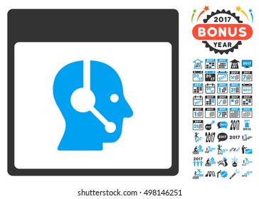 Call Center Operator Calendar Page icon with bonus calendar and time management pictures. Vector illustration style is flat iconic symbols, blue and gray colors, white background.