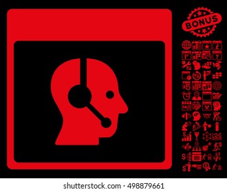 Call Center Operator Calendar Page pictograph with bonus calendar and time management design elements. Vector illustration style is flat iconic symbols, red, black background.