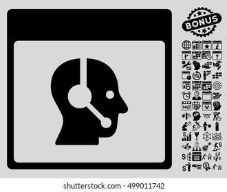 Call Center Operator Calendar Page pictograph with bonus calendar and time management pictograms. Vector illustration style is flat iconic symbols, black, light gray background.