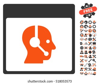Call Center Operator Calendar Page icon with bonus options icon set. Vector illustration style is flat iconic symbols, orange and gray, white background.