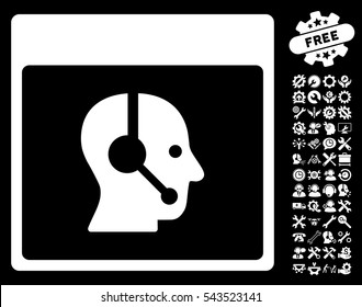 Call Center Operator Calendar Page icon with bonus options pictograms. Vector illustration style is flat iconic symbols, white, black background.