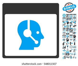Call Center Operator Calendar Page pictograph with bonus calendar and time management pictures. Vector illustration style is flat iconic symbols, blue and gray, white background.