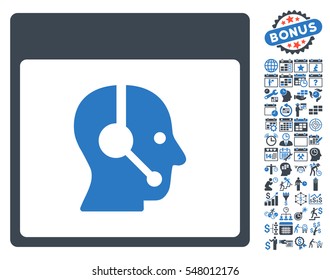 Call Center Operator Calendar Page icon with bonus calendar and time management pictograph collection. Vector illustration style is flat iconic symbols, smooth blue, white background.