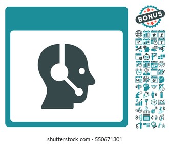 Call Center Operator Calendar Page pictograph with bonus calendar and time management graphic icons. Vector illustration style is flat iconic symbols, soft blue, white background.