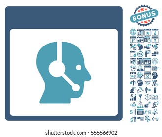 Call Center Operator Calendar Page pictograph with bonus calendar and time management pictograph collection. Vector illustration style is flat iconic symbols, cyan and blue, white background.