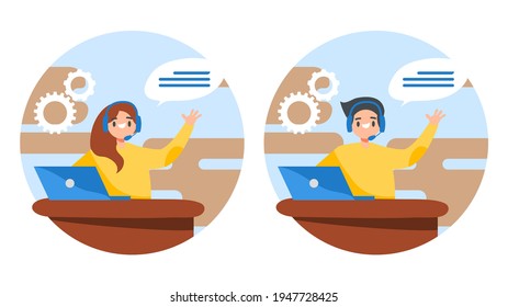 Call center operator cartoon man and woman wearing headsets conceptual of client services and communication flat lifestyle vector 