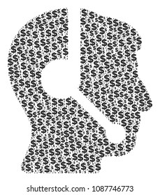 Call center operator collage of dollars and sphere dots. Vector banking pictograms are combined into call center operator collage.