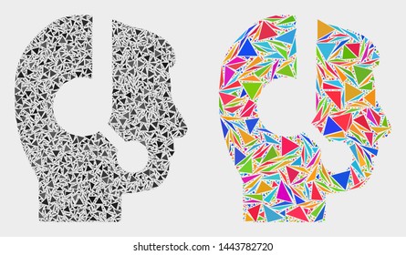Call center operator collage icon of triangle items which have variable sizes and shapes and colors. Geometric abstract vector illustration of call center operator.