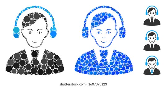 Call center operator composition of circle elements in various sizes and color tones, based on call center operator icon. Vector circle elements are organized into blue composition.