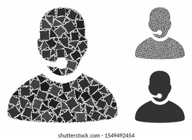 Call center operator composition of humpy pieces in variable sizes and color tinges, based on call center operator icon. Vector uneven elements are organized into composition.