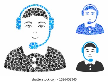 Call center operator composition for call center operator icon of round dots in various sizes and color tinges. Vector round dots are combined into blue mosaic.