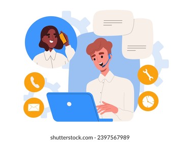 Call center operator concept. Man in headphones talk with client. Answer to question. Feedback and distance consultation. Technical support for customers. Cartoon flat vector illustration