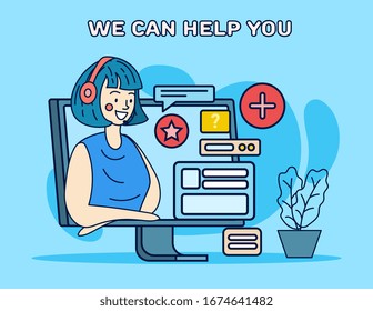 Concepto de operador de centro de llamadas con una mujer muy joven que habla en un auricular con imágenes de computadora e iconos de comunicación debajo del texto, ilustración vectorial
