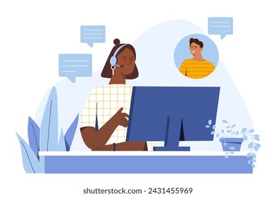 Call center operator concept. Woman in headphones answer to calls from clients. Answers to frequently asked questions. Hot line and techincal support. Cartoon flat vector illustration