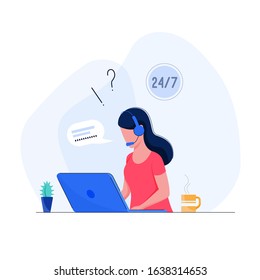 Call center operator. Customer service support concept. Woman helps clients on the phone with headset. Vector