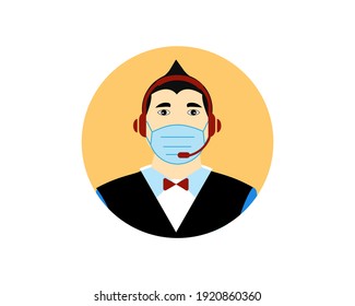 Operador de centro de llamadas, persona de servicio al cliente Icono de auricular. Operadores de chat en vivo, usando máscara. Asistentes de servicio de atención al cliente en línea con audífonos. Ilustración del vector
