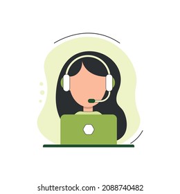 Operador del centro de llamadas. Mujer. Servicio de asistencia de línea directa las 24 horas. Asistente de llamadas en línea en audífonos. Ilustración vectorial.	