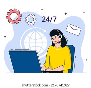 Call center operator. Female. Hotline support service 24h. Call center online assistant in headphones. Vector illustration.