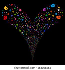 Call Center Operator fireworks stream. Vector illustration style is flat bright multicolored iconic symbols on a black background. Object double fountain done from random symbols.