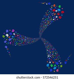 Call Center Operator fireworks swirl rotation. Vector illustration style is flat bright multicolored iconic symbols on a blue background. Object whirl created from random pictographs.