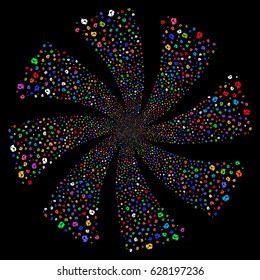 Call Center Operator fireworks swirl rotation. Vector illustration style is flat bright multicolored iconic symbols on a black background. Object whirlpool combined from random design elements.