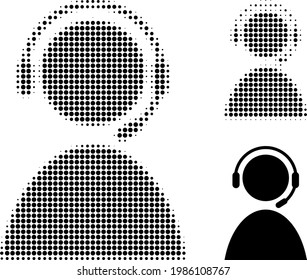 Das Symbol für das Anrufzentrum-Bediener wird auf halbem Wege angezeigt. Halftone Muster enthält Kreiselemente. Vektorgrafik des Telefonzentrums, Symbol auf weißem Hintergrund.