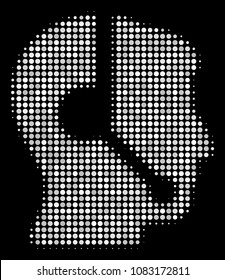 Call center operator halftone vector icon. Illustration style is dotted iconic call center operator symbol on a black background. Halftone matrix is build with round elements.