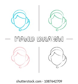 Call center operator hand drawn icons set. Color brush stroke. Support service. Isolated vector sketchy illustrations