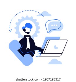 Call center operator with a headset at computer inside the gear.