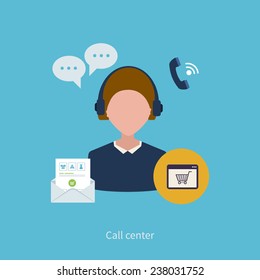 Call center operator with headset concept flat icons. Vector. Female call center avatar icons. Client services, e-commerce and communication