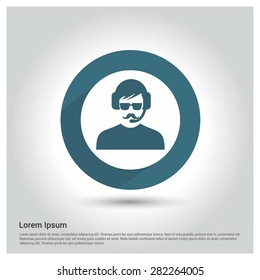 call center operator with headset icon, Circle Long shadow pictogram icon on gray background.