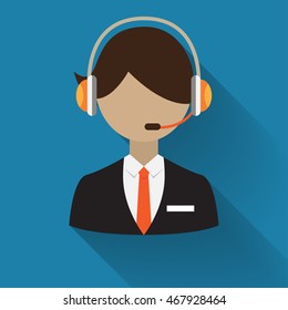 Call center operator with headset, Support Services, Online Support Center, Flat Designed Vector Illustration
