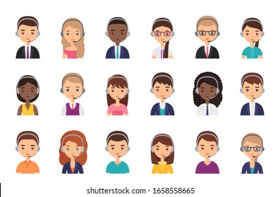 Call center operator in headset. Vector. Service agent customer avatar. Icon Support manager in headphone. Flat design. People faces isolated on white. Cartoon illustration. Online contact help. 