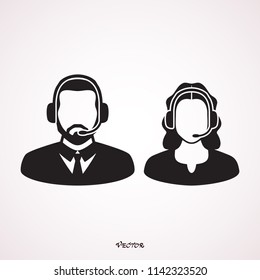 Call center operator with headset web icon design. Call center avatar set. Client services and communication, customer support, phone assistance, information, solutions. Vector