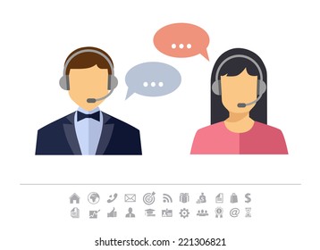 Call center operator with headset web icon. Vector. Male and female call center avatar icons. Client services and communication 