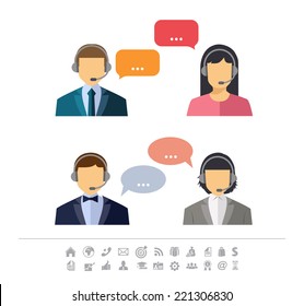 Call center operator with headset web icon. Vector. Male and female call center avatar icons. Client services and communication 